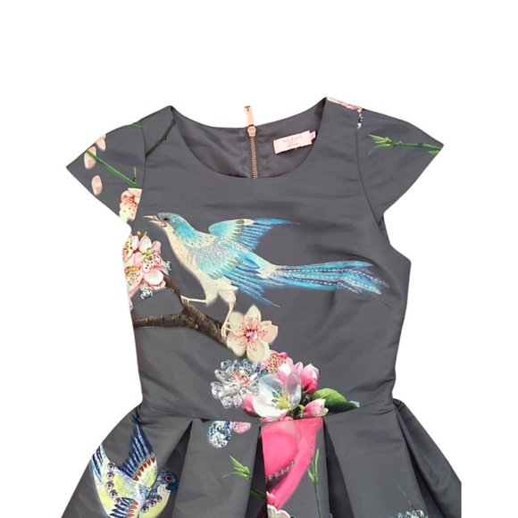 Ted Baker Gray Bir Print Dress Size 0 US size 2 - Picture 5 of 8